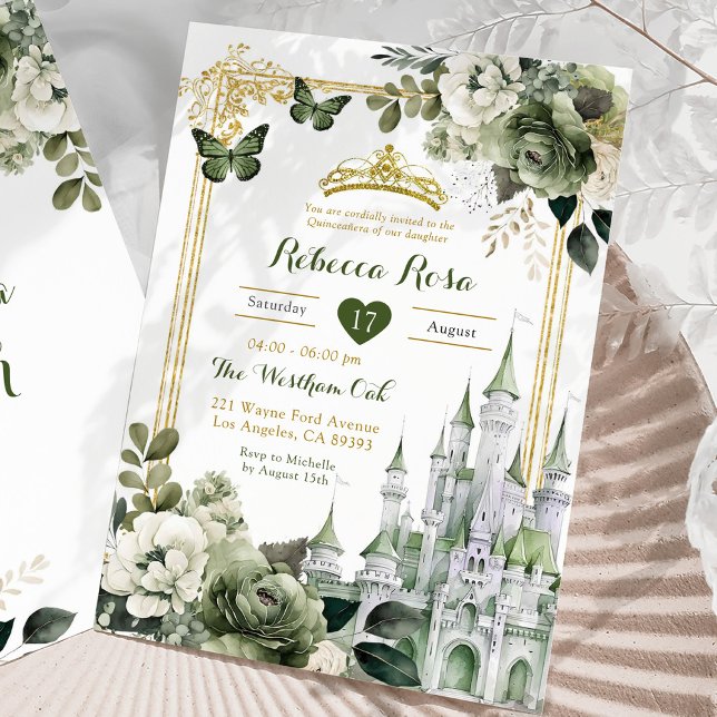 Royal Castle Krona Sage Grönt Royal Quinceañera Inbjudningar (Skapare uppladdad)