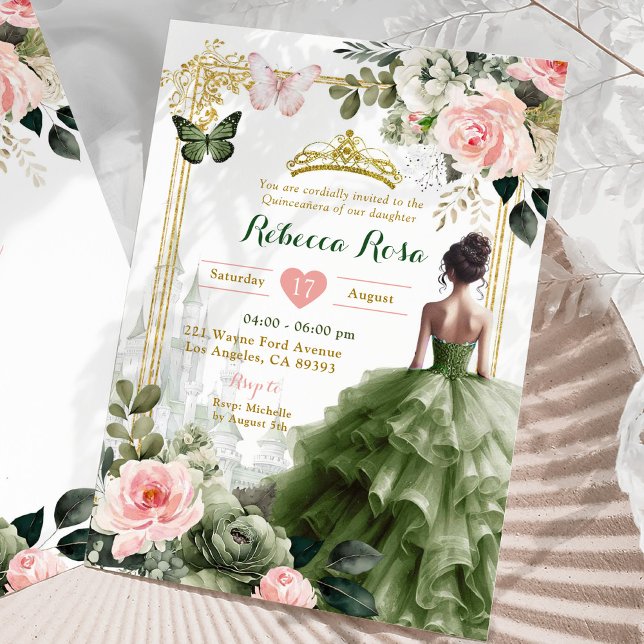 Royal Castle  Rosa Sage Grönt Quinceañera Inbjudningar (Skapare uppladdad)