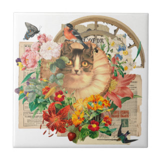 Royal Cat med Friend Bird och Wildblommor Kakelplatta