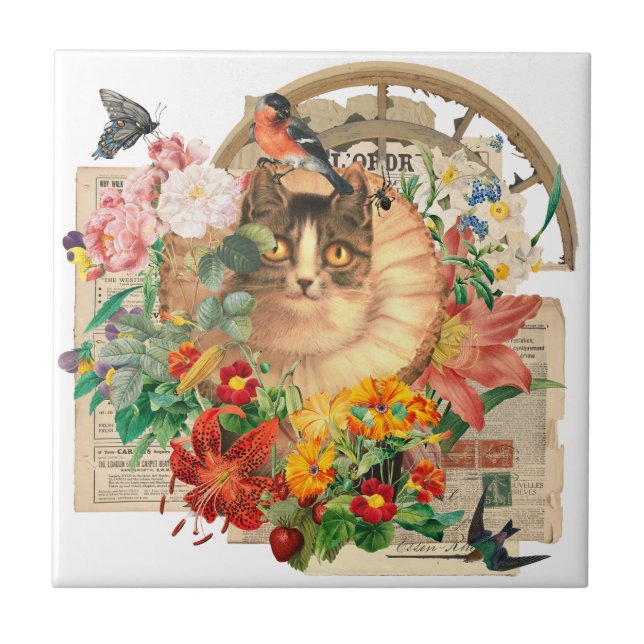 Royal Cat med Friend Bird och Wildblommor Kakelplatta (Framsidan)
