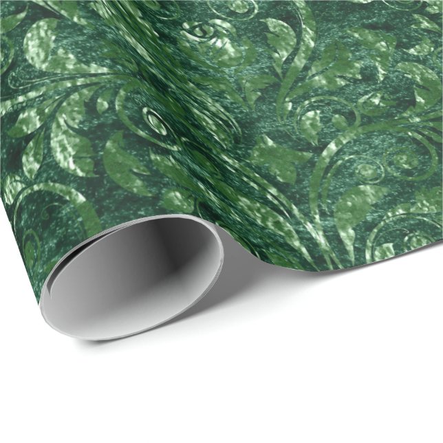 Royal Damask Crushed Velvet Woodland Emerald Grönt Presentpapper (Rullad Hörn)