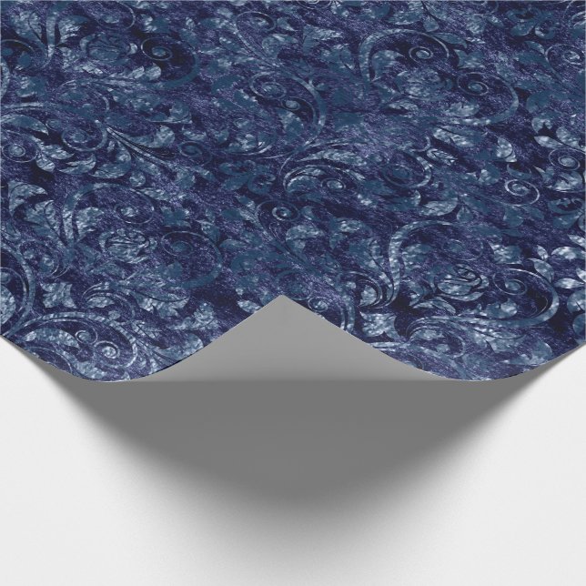 Royal Damask Crushed Velvetc Emerald Blue Navy Presentpapper (Hörn)