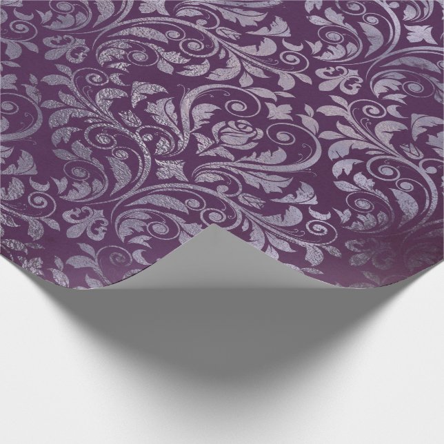 Royal Damask Distress Lila Plum Blommigt Grått Gr Presentpapper (Hörn)