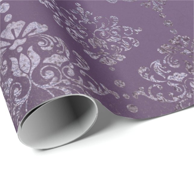 Royal Damask Distress Lila Plum Blommigt Grått Presentpapper (Rullad Hörn)