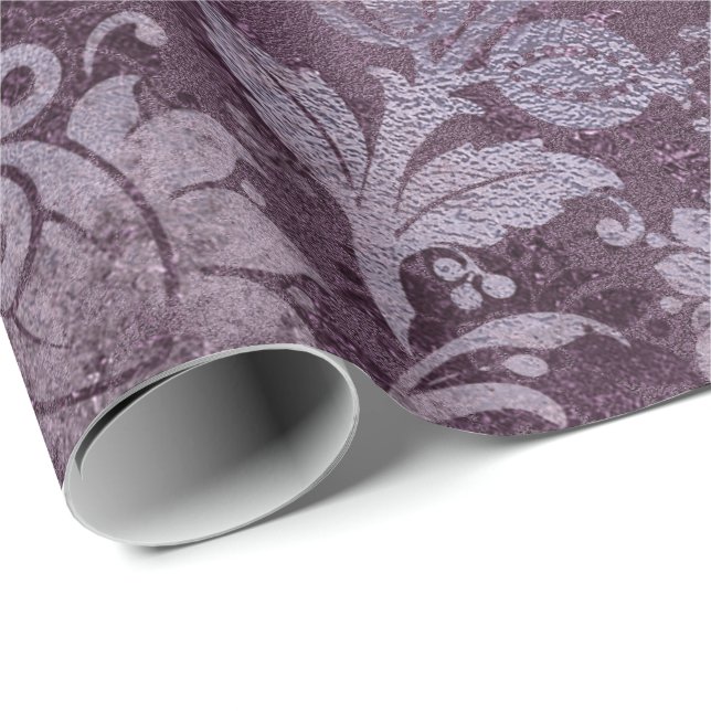 Royal Damask Distress Lila Plum Blommigt Grått Presentpapper (Rullad Hörn)