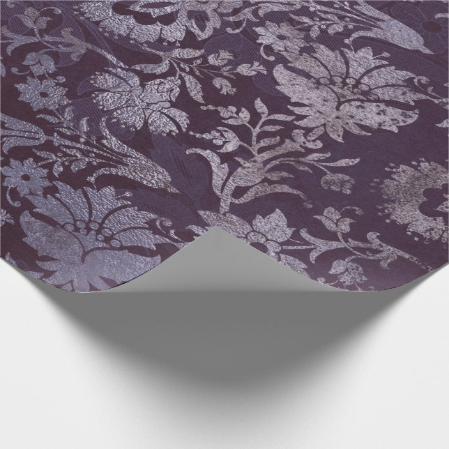 Royal Damask Grunge Lila Plum Blommigt Grått Blue Presentpapper (Hörn)