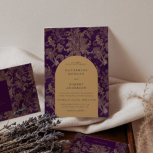 Royal Damask Guld Elegant Lila Bröllop Inbjudningar