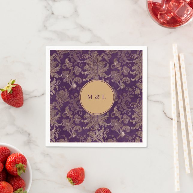 Royal Damask Guld Lila Monogram Papper Pappersservett (Insitu)