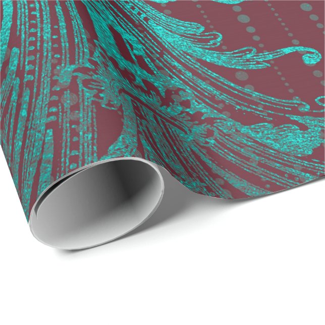 Royal Damask Turcos Blue Blommigt Droppar Burgundy Presentpapper (Rullad Hörn)