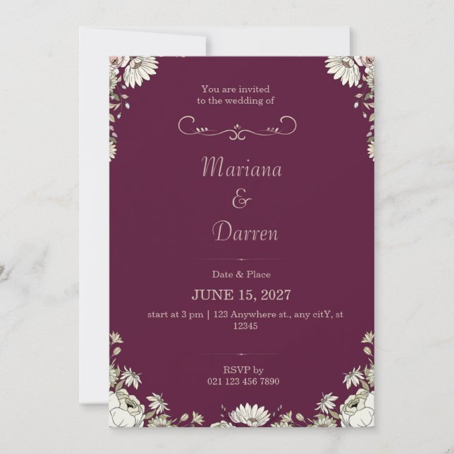 Royal Deep Purple & White Floral Wedding Invite Inbjudningar (Framsida)