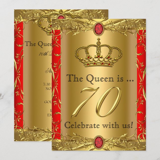 Royal drottning Kung Regal Red Guld 70:e födelseda Inbjudningar (Fram/baksida)