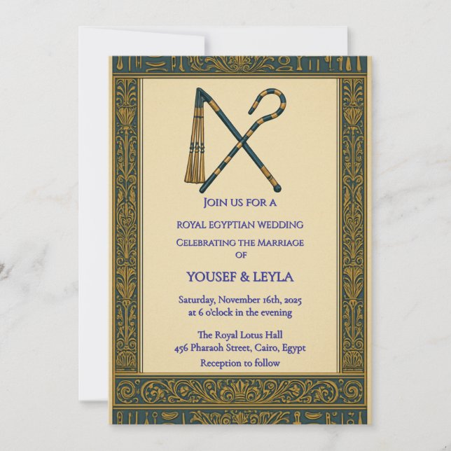 Royal Egyptian Crook & Flail Guld Bröllop Inbjudningar (Framsida)
