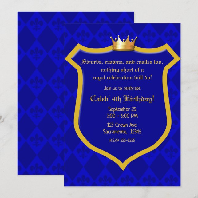Royal Electric Blue Guld Shield Krona Prince Party Inbjudningar (Fram/baksida)