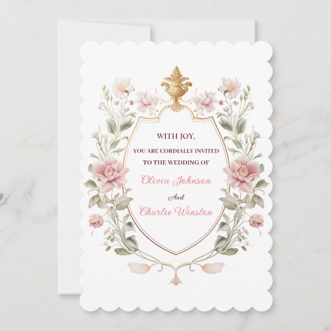 Royal Elegance Wedding Pink Florals Golden Crest Inbjudningar (Framsida)