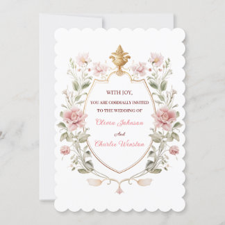 Royal Elegance Wedding Pink Florals Golden Crest Inbjudningar