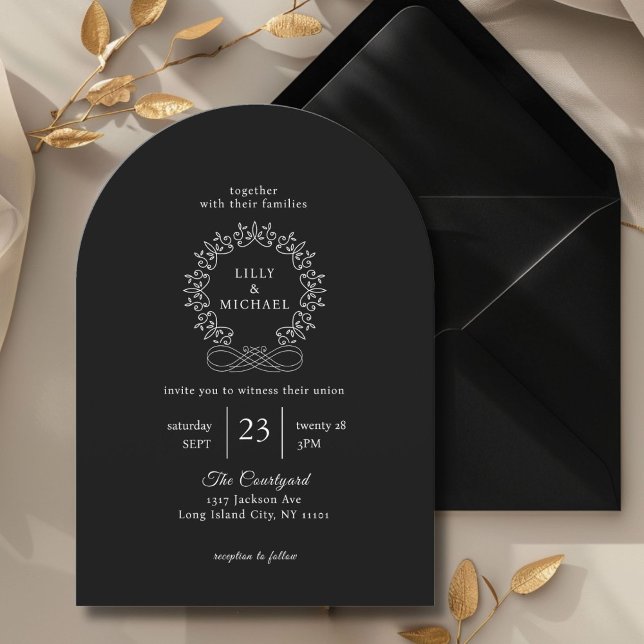 Royal, Elegant, Bröllop Inbjudningar (Royal, Elegant, Black + White Arch Wedding Invitation)