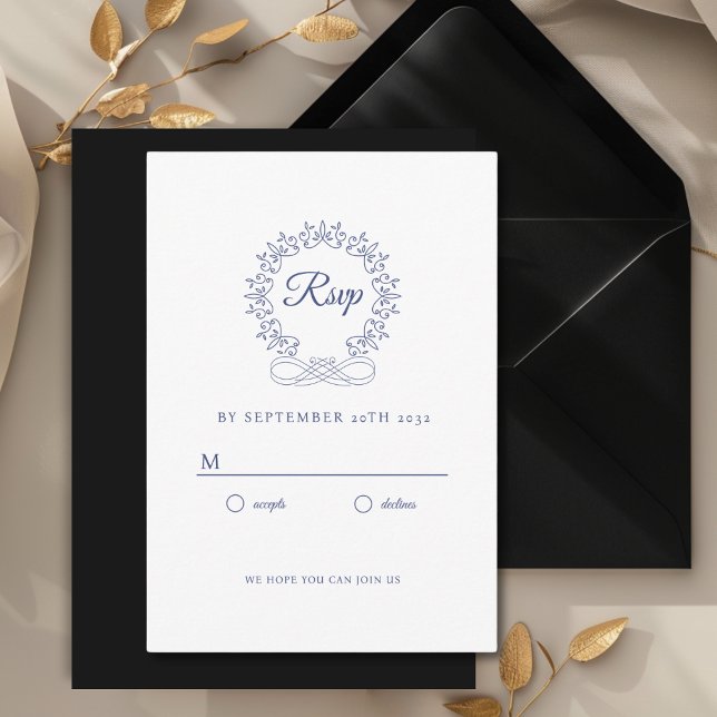 Royal, Elegant, Bröllop OSA Tilläggskort (Royal, Elegant, Classic, Crest, Wedding Invitation Wedding RSVP. White and Blue.)