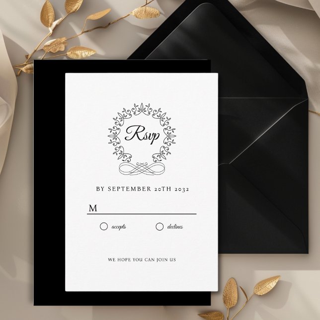 Royal, Elegant, Bröllop OSA Tilläggskort (Royal, Elegant, Classic, Crest, Wedding Invitation Wedding RSVP. White and Black.)