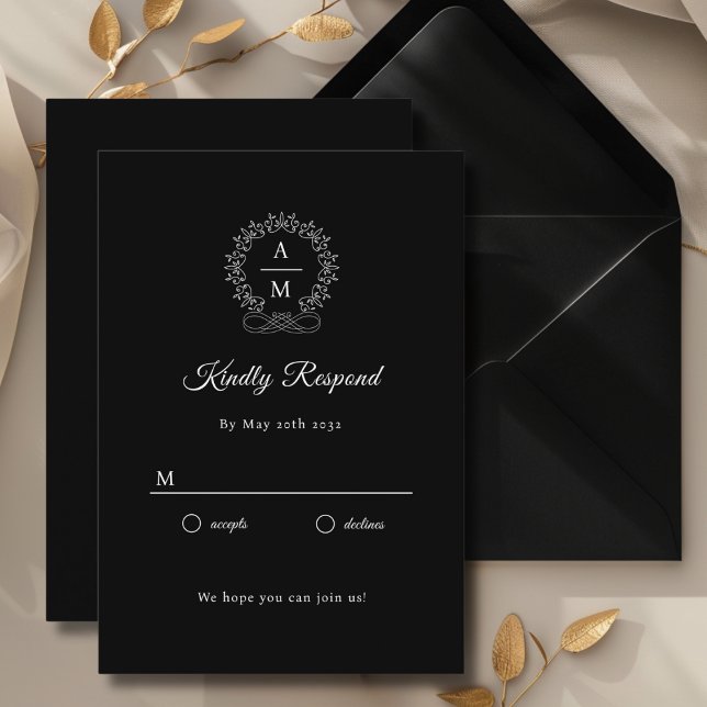 Royal, Elegant, Bröllop OSA Tilläggskort (Monogram, Royal, Elegant, Black, Wedding RSVP Cards with scripted font. Personalized in minutes.)