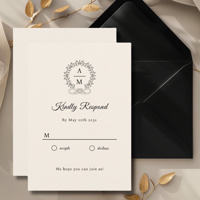Royal, Elegant, Bröllop OSA Tilläggskort (Monogram, Royal, Elegant, Beige, Wedding RSVP Cards with scripted font. Personalized in minutes.)