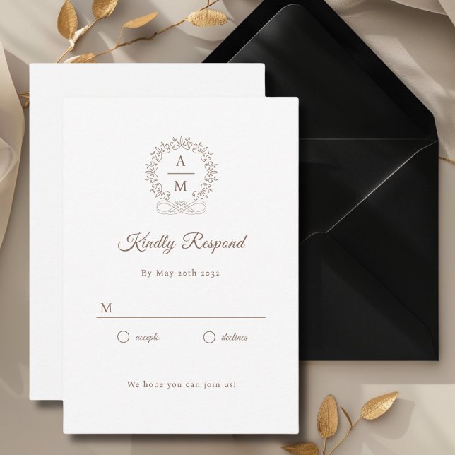 Royal, Elegant, Bröllop OSA Tilläggskort (Monogram, Royal, Elegant, White, Wedding RSVP Cards with scripted font. Personalized in minutes.)