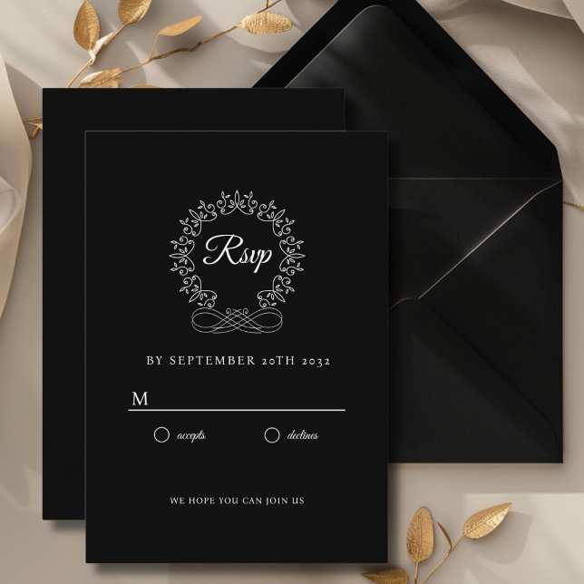 Royal, Elegant, Bröllop OSA Tilläggskort (Royal, Elegant, Classic, Crest, Wedding Invitation Wedding RSVP. White and Black.)