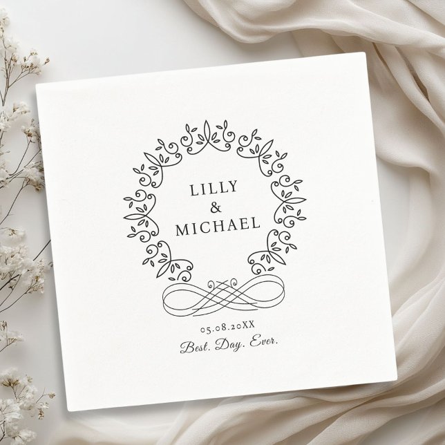 Royal, Elegant, Bröllop Pappersservett (Royal, Elegant, Classic "Best-Day-Ever" White Wedding Napkins with your name and date.)