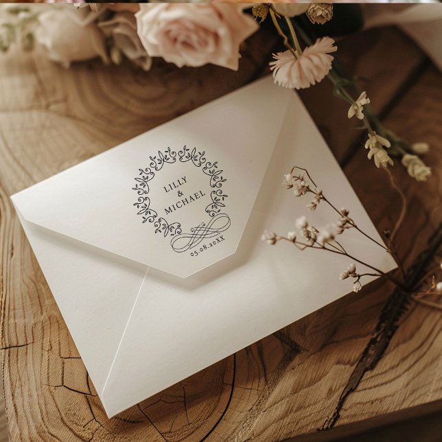 Royal, Elegant, Bröllop Självfärgande Stämpel (Royal, Elegant, Wedding Rubber Stamp with your names and date.)