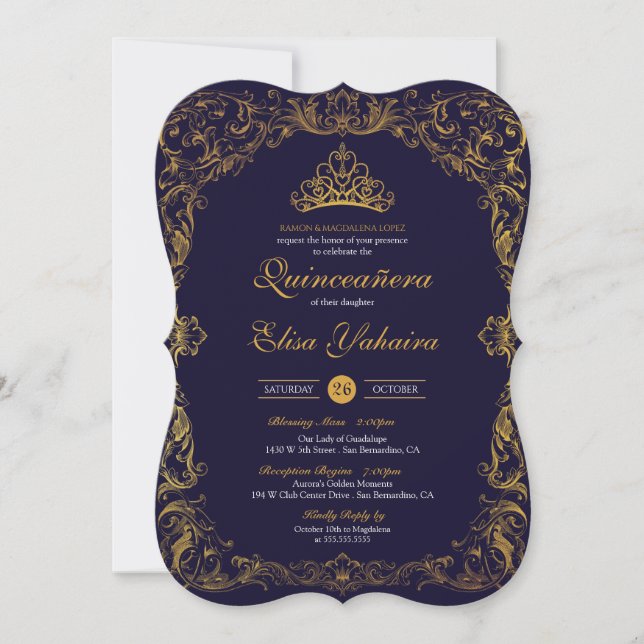 Royal Elegant Guld, marinblåfairytale Quinceanera Inbjudningar (Framsida)