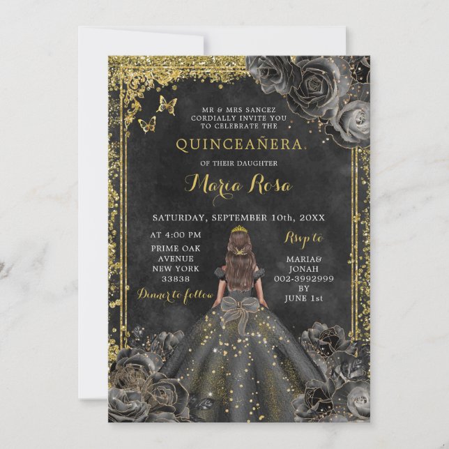 Royal Elegant Guld och Svarta Ro Quinceañera Inbjudningar (Framsida)