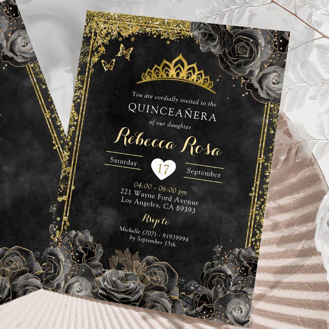 Royal Elegant Guld och Svarta Ro Quinceañera Inbjudningar (Skapare uppladdad)