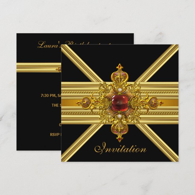 Royal Elegant Guld Röd Juvel På Svart Party 2 Inbjudningar (Fram/baksida)