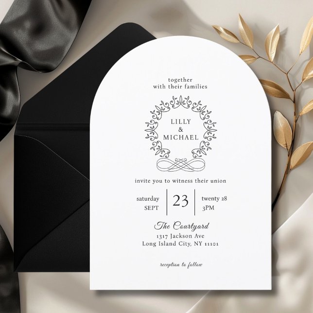 Royal, Elegant, Vita, Bröllop Inbjudningar (Royal, Elegant, Classic, White, Wedding Invitation. Crest, handwriting font.)