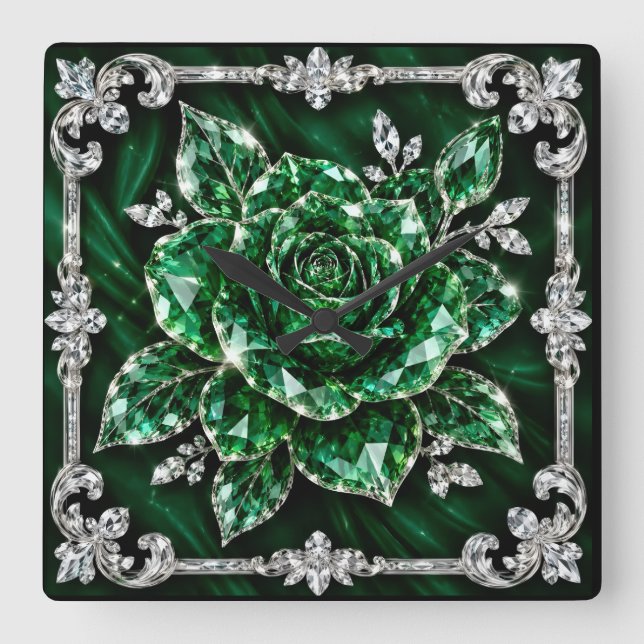 Royal Emerald Crystal Blommasamling Fyrkantig Klocka (Framsida)
