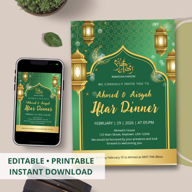 Royal Emerald Green and Gold Lantern Iftar Dinner  Inbjudningar (Skapare uppladdad)