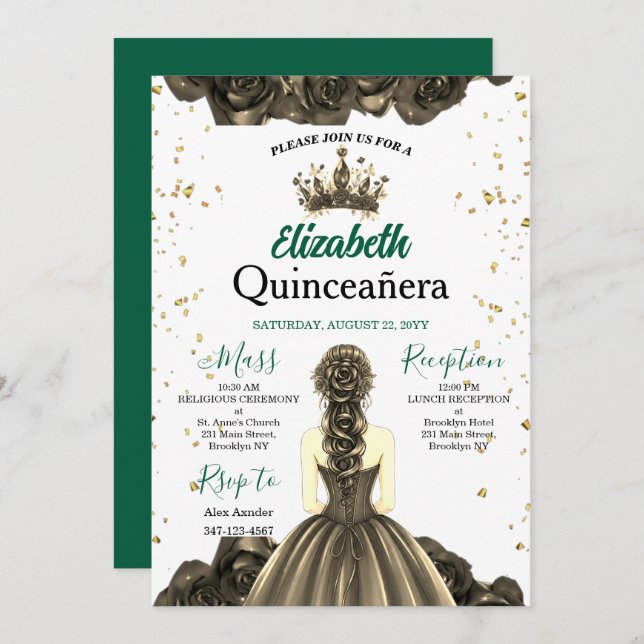 Royal Emerald Green Rose Quinceañera Invite Inbjudningar (Fram/baksida)