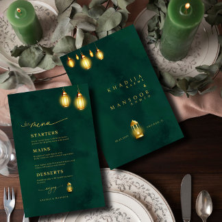 Royal Emerald Grönt Golden Ljus Bröllop Menu