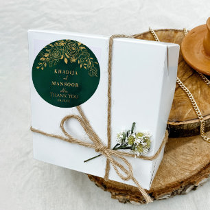 Royal Emerald Grönt Guld Blommigt Bröllop Tack Runt Klistermärke