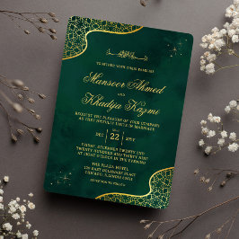 Royal Emerald Grönt Guld Ornate Islamic Bröllop Inbjudningar
