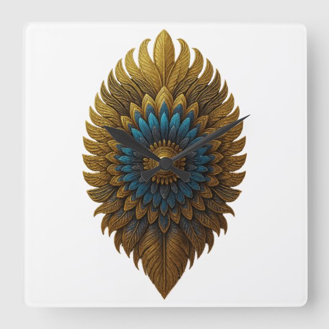 Royal Feather | Black & Gold Egyptian Wall Clock Fyrkantig Klocka (Framsida)