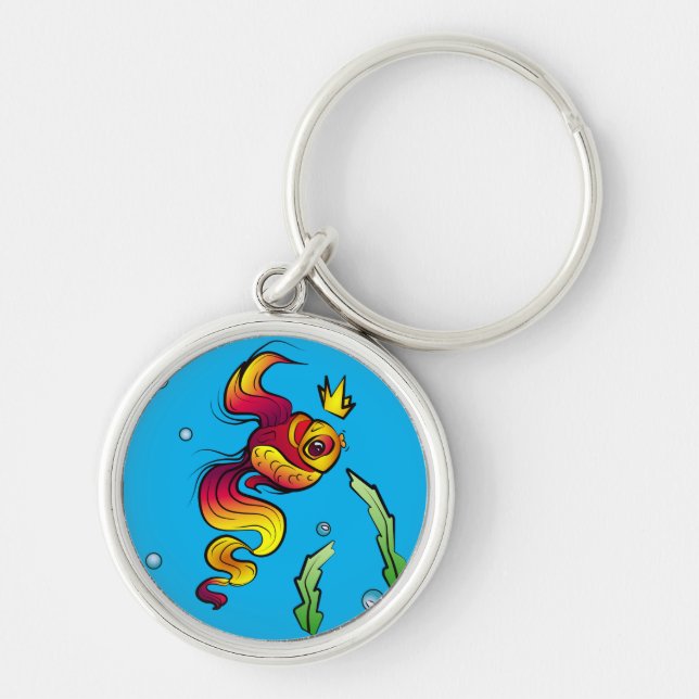 Royal Fish med Golden Krona Rund Silverfärgad Nyckelring (Framsidan)