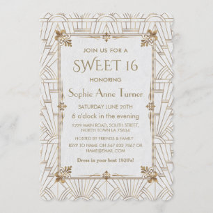 Royal Fleur-de-Lis Art Deco Guld White SWEET 16 Inbjudningar