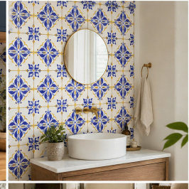 Royal Fleur Elegant Blue and Gold Botanical Mosaic Kakelplatta