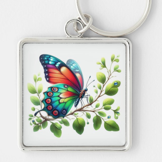 "Royal Flutter: Red and Blue Butterfly Keychain" Fyrkantig Silverfärgad Nyckelring (Framsidan)