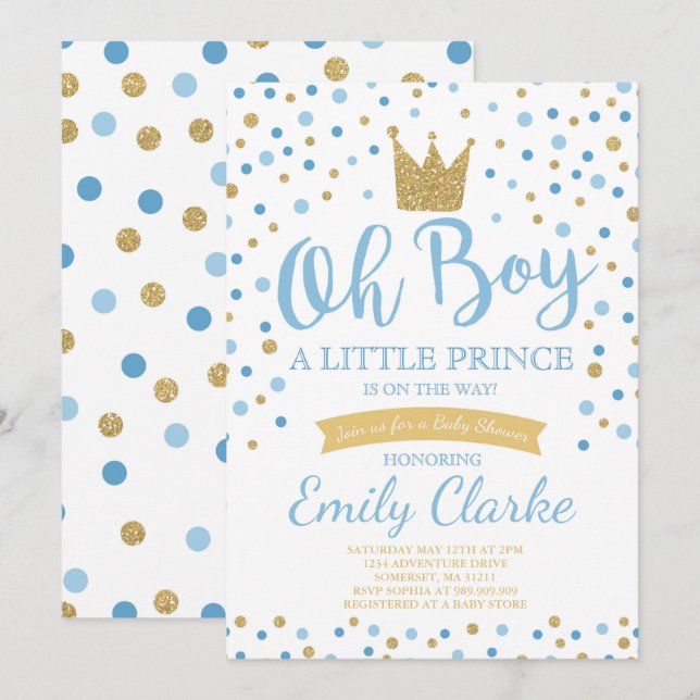 Royal för inbjudan till Little Prince Baby Shower (Fram/baksida)