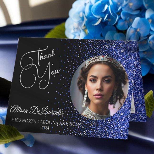 Royal Glitter Glitz Tacksamhetskort Tack Kort (This pageant thank you card design features a rich royal glitz background with custom photo and text)