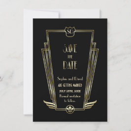 Royal Gold Black Art Deco Monogram Spara Datum Inbjudningar