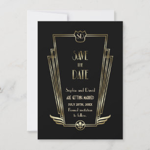 Royal Gold Black Art Deco Monogram Spara Datum Inbjudningar