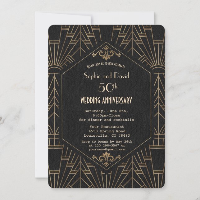 Royal Gold Black Great Gatsby Bröllopsjubileum Inbjudningar (Framsida)