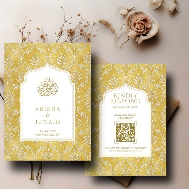 Royal Gold Damast Muslim QR Code RSVP Bröllops Web Tilläggskort (Skapare uppladdad)